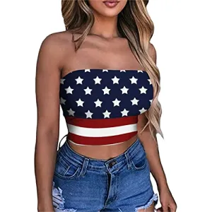 4th of July Shirts Women,Cute Crop Tube Tops Classic American Flag Patriotic Shirts Vintage Red White and Blue American Flag Blouse Casual Fourth of July Independence Day Tee(A-Dark Blue,Medium)