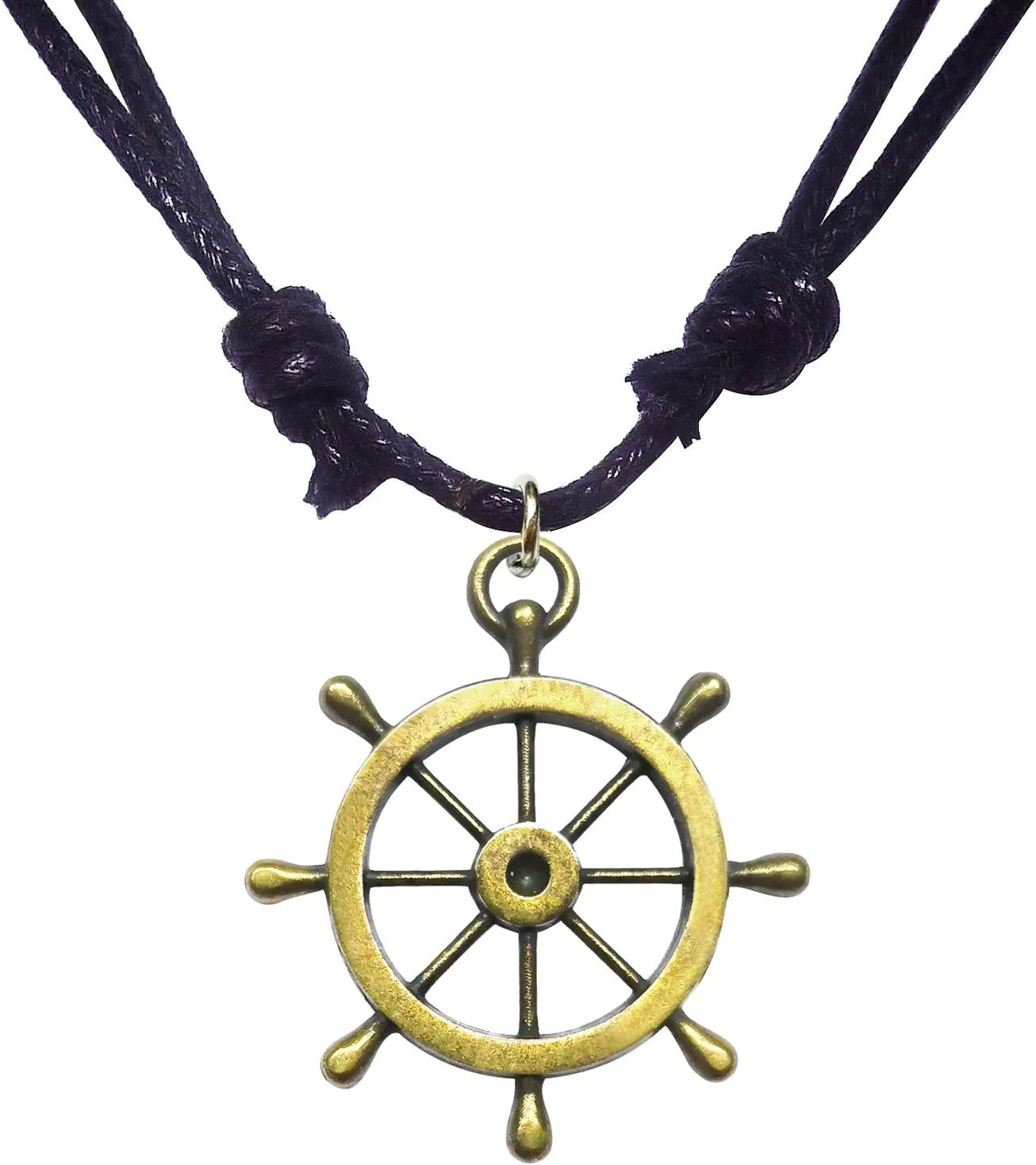 Antique Bronze Nautical Navy Sailor Ship Wheel Charm Adjustable Black Cord Necklace