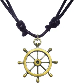 Antique Bronze Nautical Navy Sailor Ship Wheel Charm Adjustable Black Cord Necklace