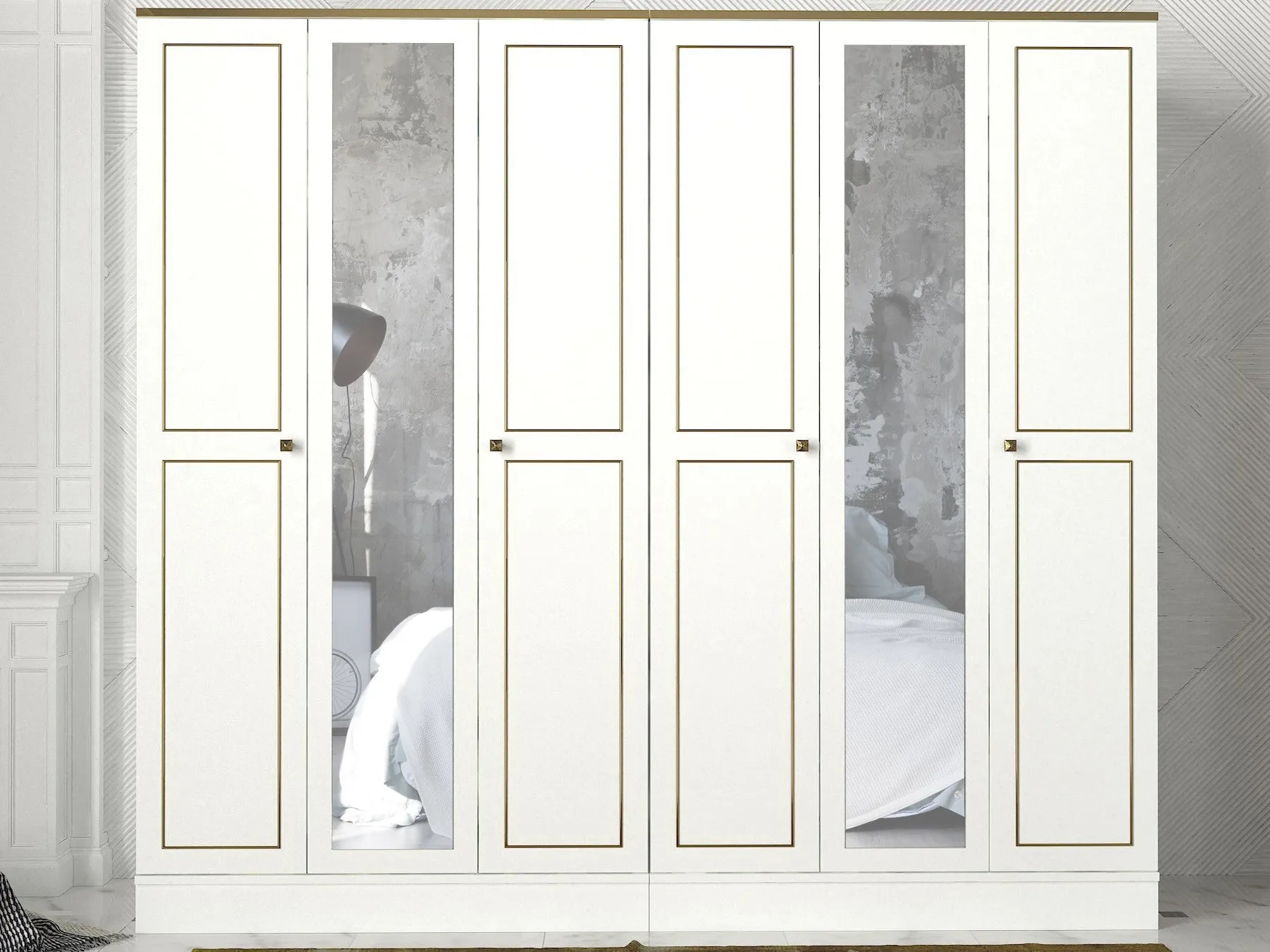 Armadio da camera classico con 6 ante e 2 specchi bianco e oro cm 210x47x194h
