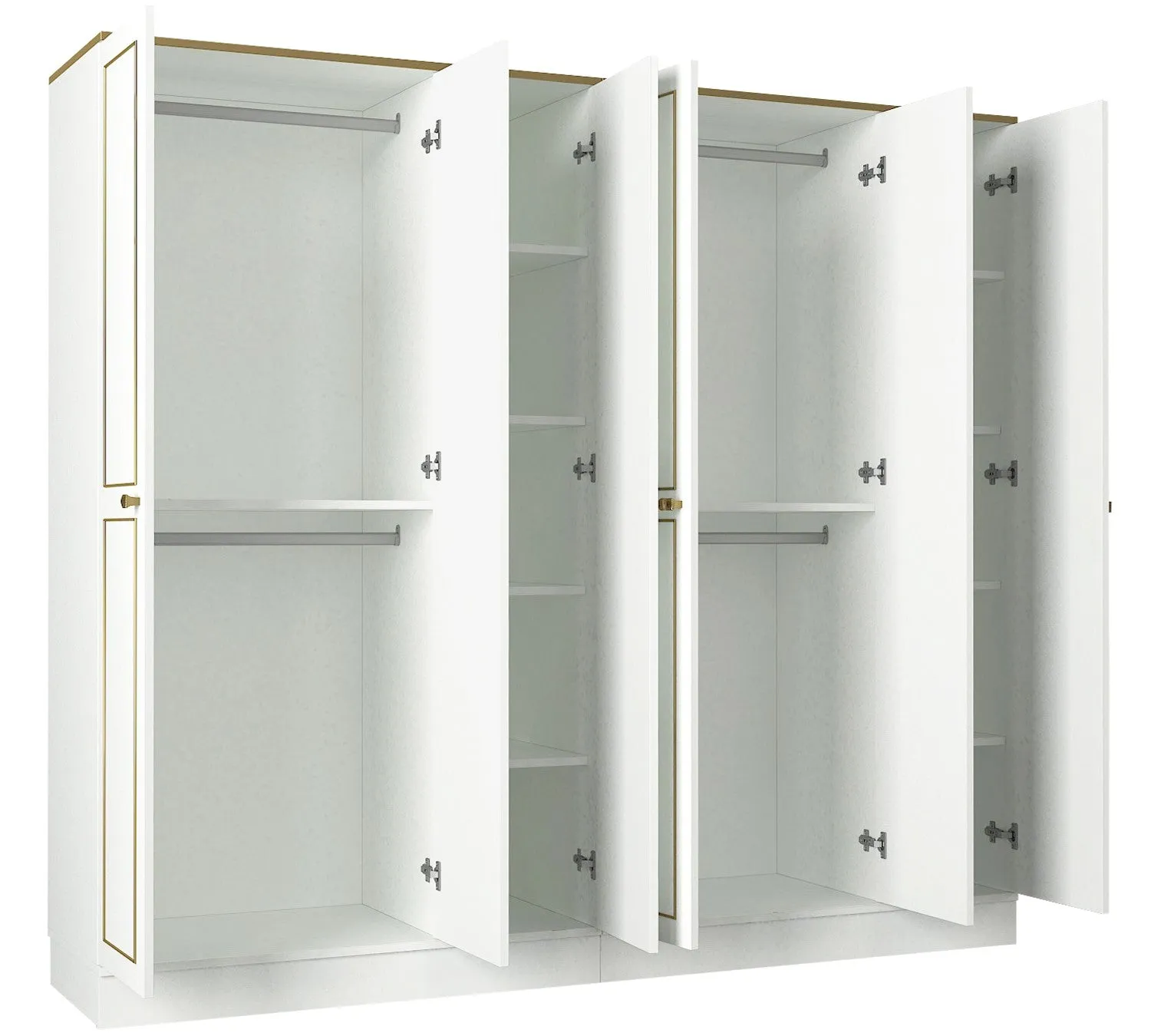 Armadio da camera classico con 6 ante e 2 specchi bianco e oro cm 210x47x194h