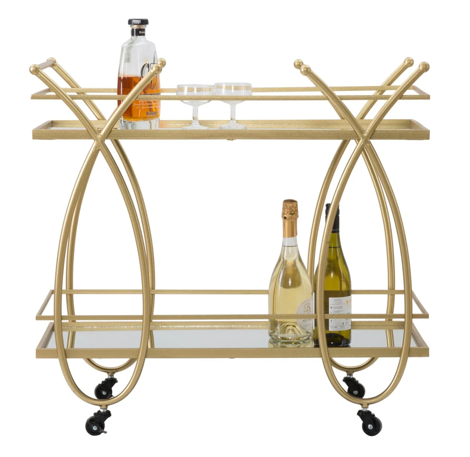 Carrello portavivande moderno in metallo colore oro con specchi cm 80x40x75h