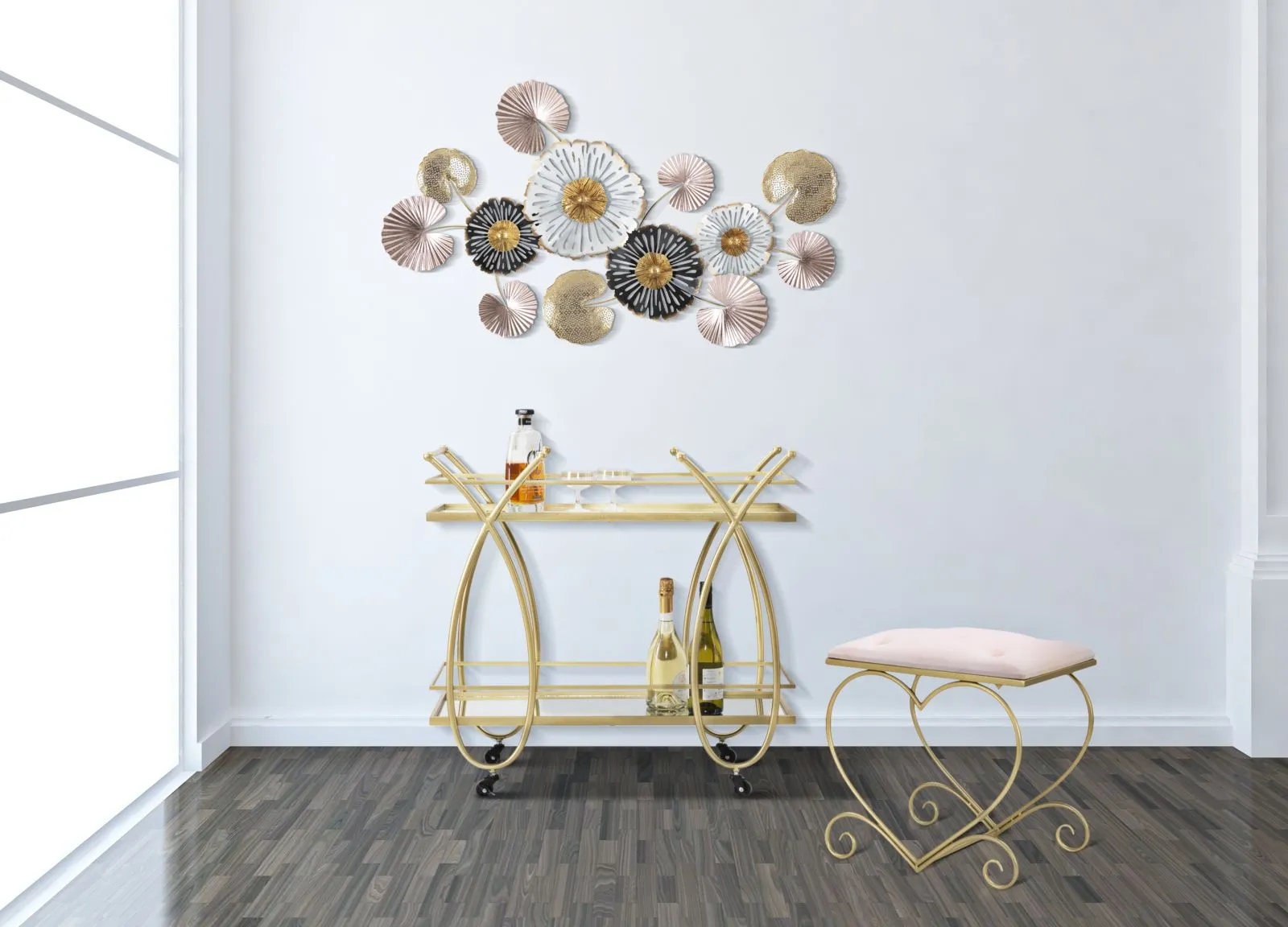 Carrello portavivande moderno in metallo colore oro con specchi cm 80x40x75h