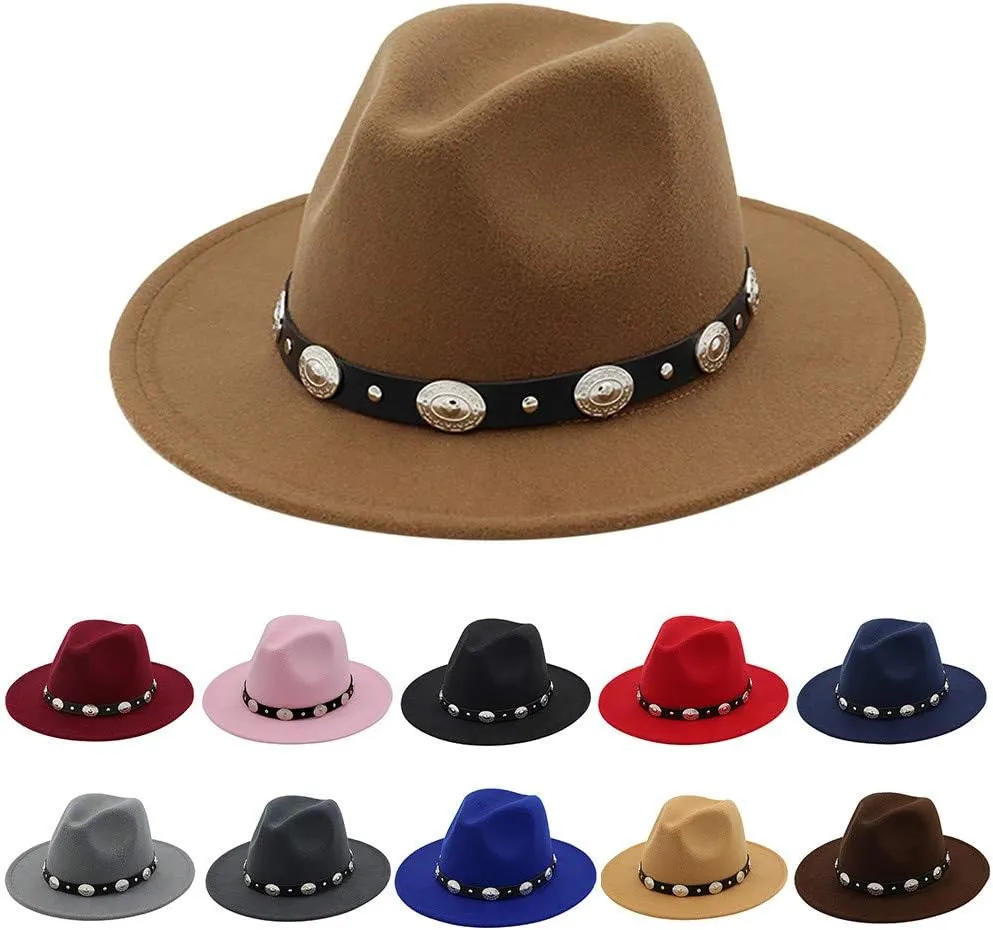 Classic Western Cowboy & Cowgirl Hat Felt Wide Brim Women Men Fedora Hats Decoration with Western Belt Bukle