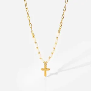 Crucecita Pearl Necklace 18”, Pearl & Stainless Steel