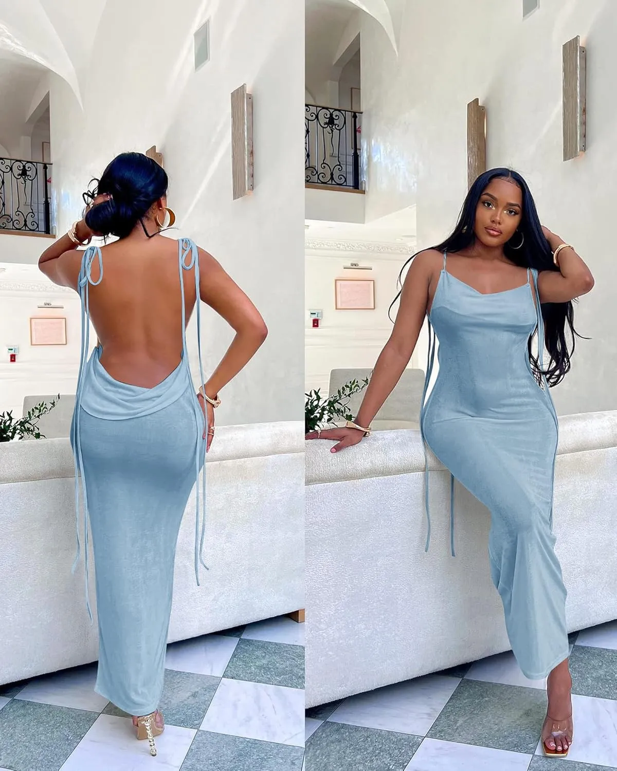 Doweha Women Backless Cowl Neck Cocktail Going Out Dress Halter Slip Long Semi Formal Party 2025 Spring Summer Maxi Dress