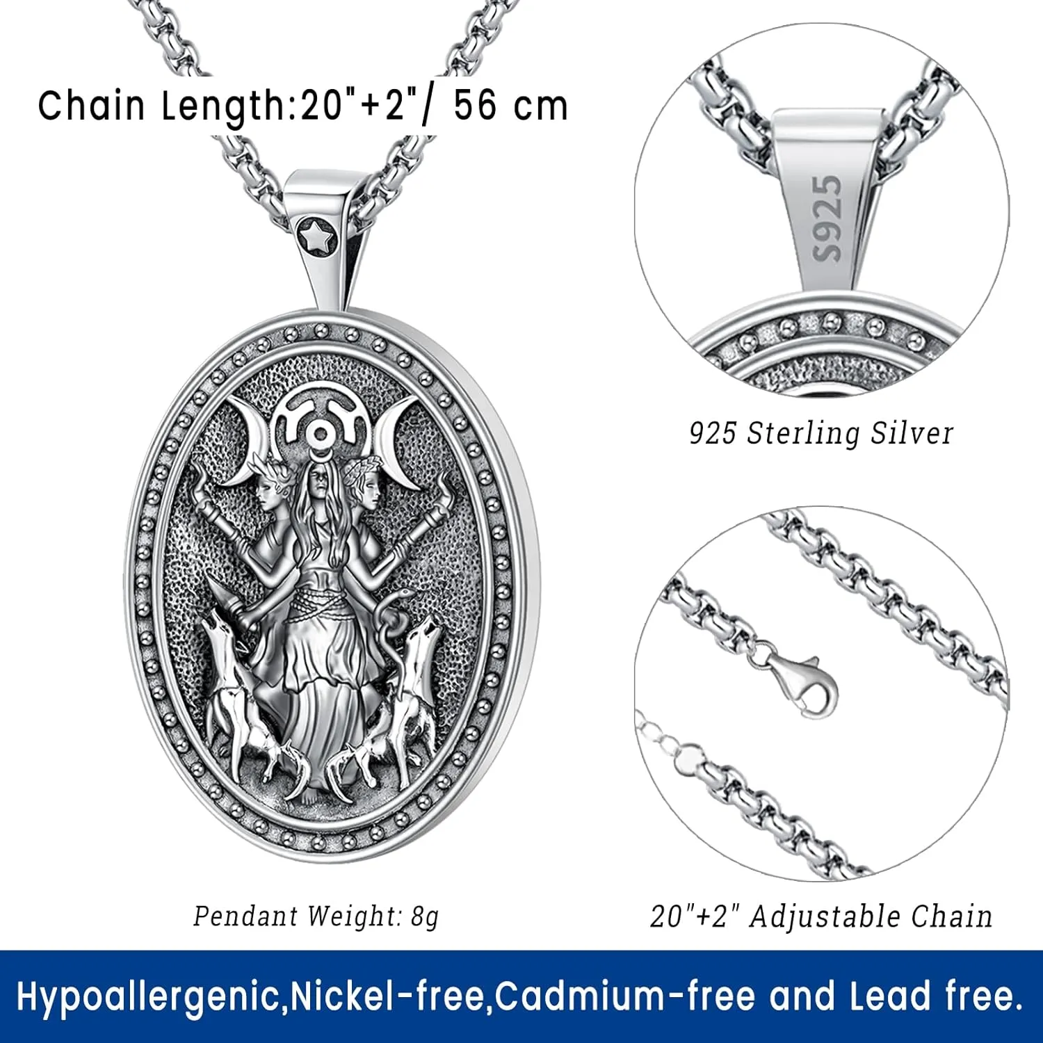 Eusense Nudo De Bruja Plata 925 Original Witches Knot Necklace Tetragrammaton Hecate Triple Moon Goddess Lilith Jewelry Pentagram Pendant for Women Men