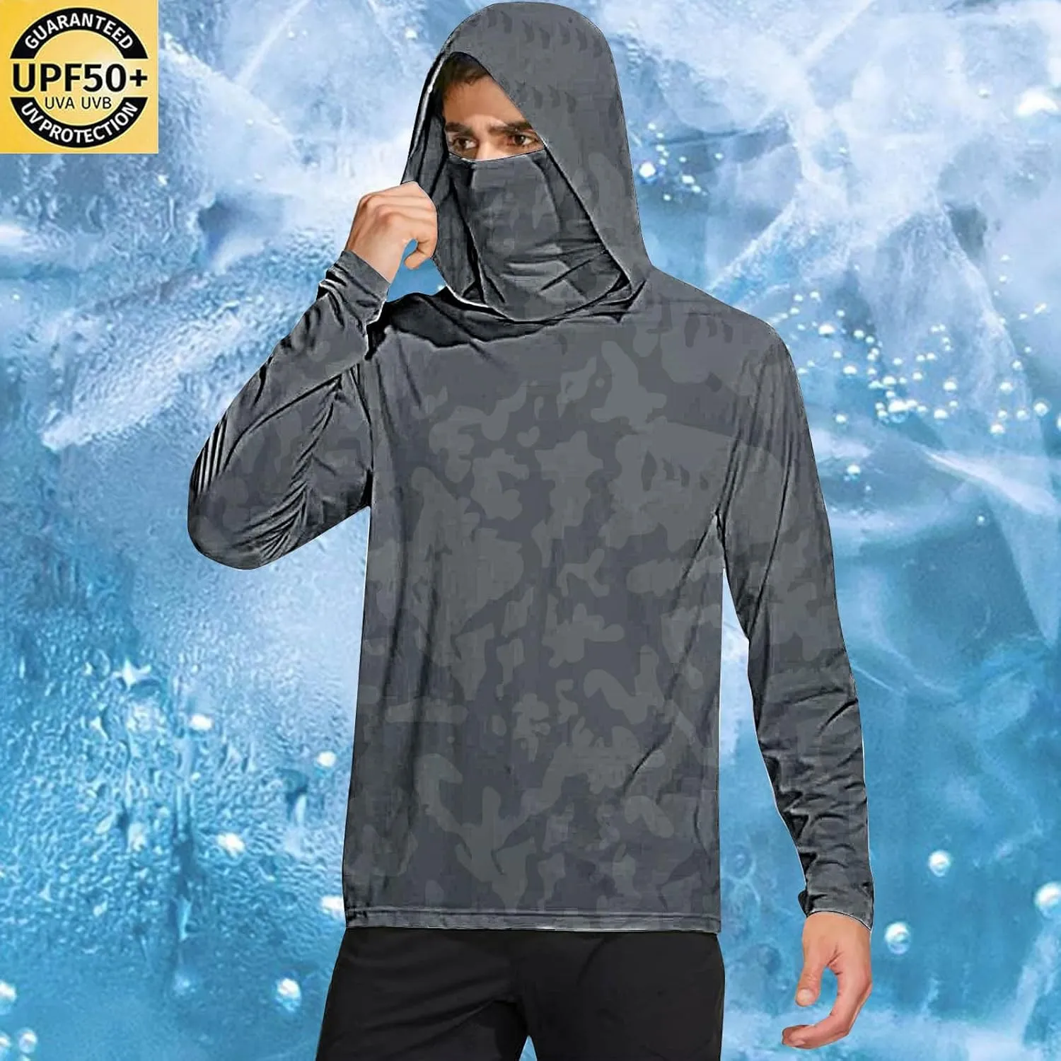 Fishing Shirts for Men UPF 50  Sun Protection Hooded Shirt with Mask Rash Guard Long Sleeve Hiking Cooling Blouses