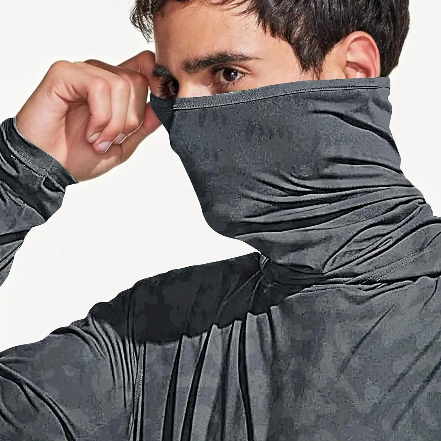 Fishing Shirts for Men UPF 50  Sun Protection Hooded Shirt with Mask Rash Guard Long Sleeve Hiking Cooling Blouses