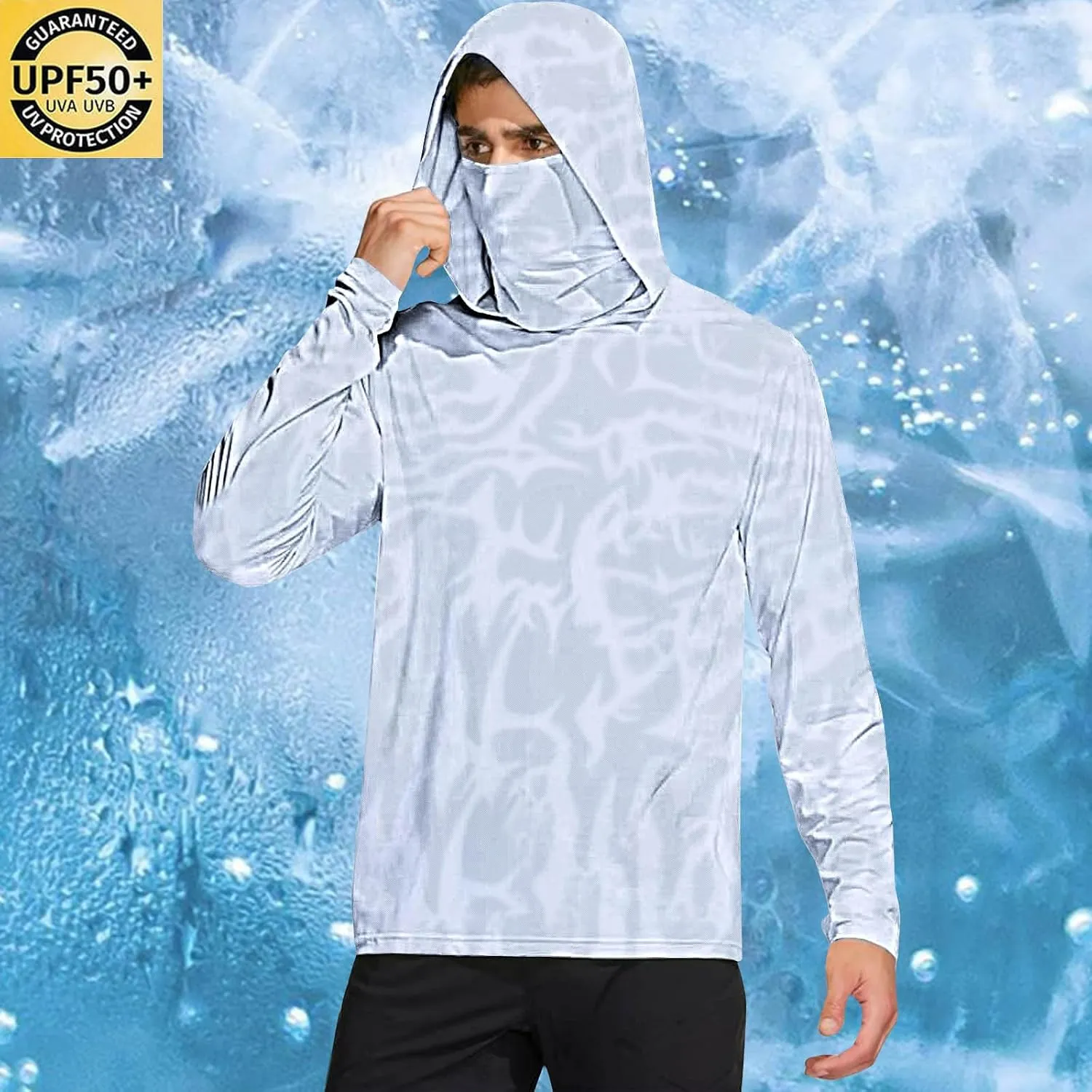 Fishing Shirts for Men UPF 50  Sun Protection Hooded Shirt with Mask Rash Guard Long Sleeve Hiking Cooling Blouses