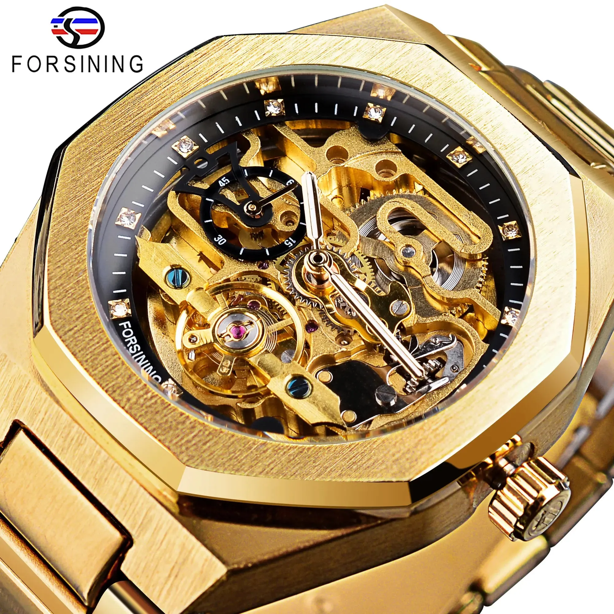 Forsining relógio automático casual 3d diamante esqueleto oco relógios de pul