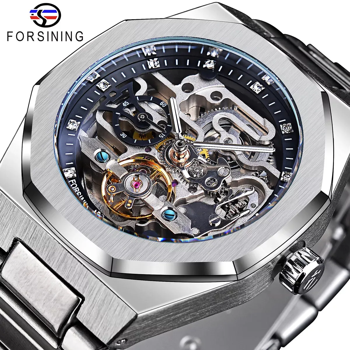 Forsining relógio automático casual 3d diamante esqueleto oco relógios de pul