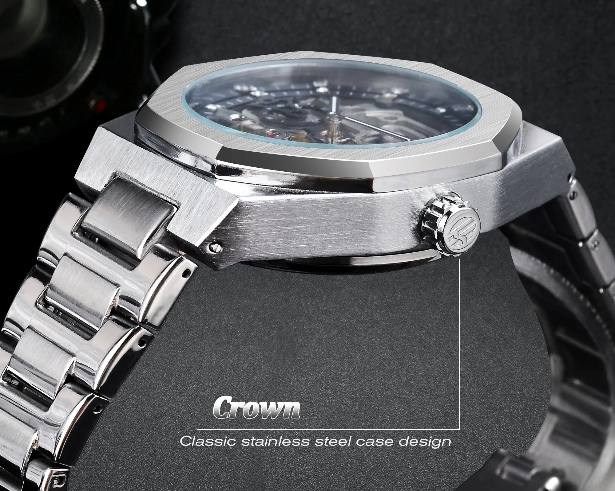Forsining relógio automático casual 3d diamante esqueleto oco relógios de pul
