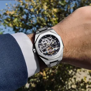Forsining relógio automático casual 3d diamante esqueleto oco relógios de pul