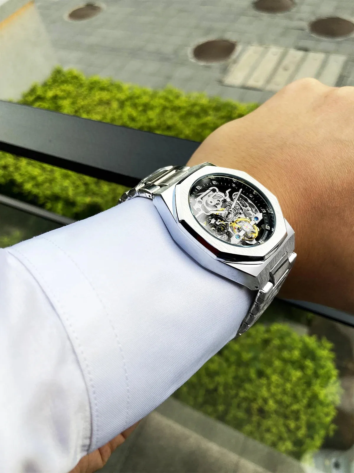 Forsining relógio automático casual 3d diamante esqueleto oco relógios de pul