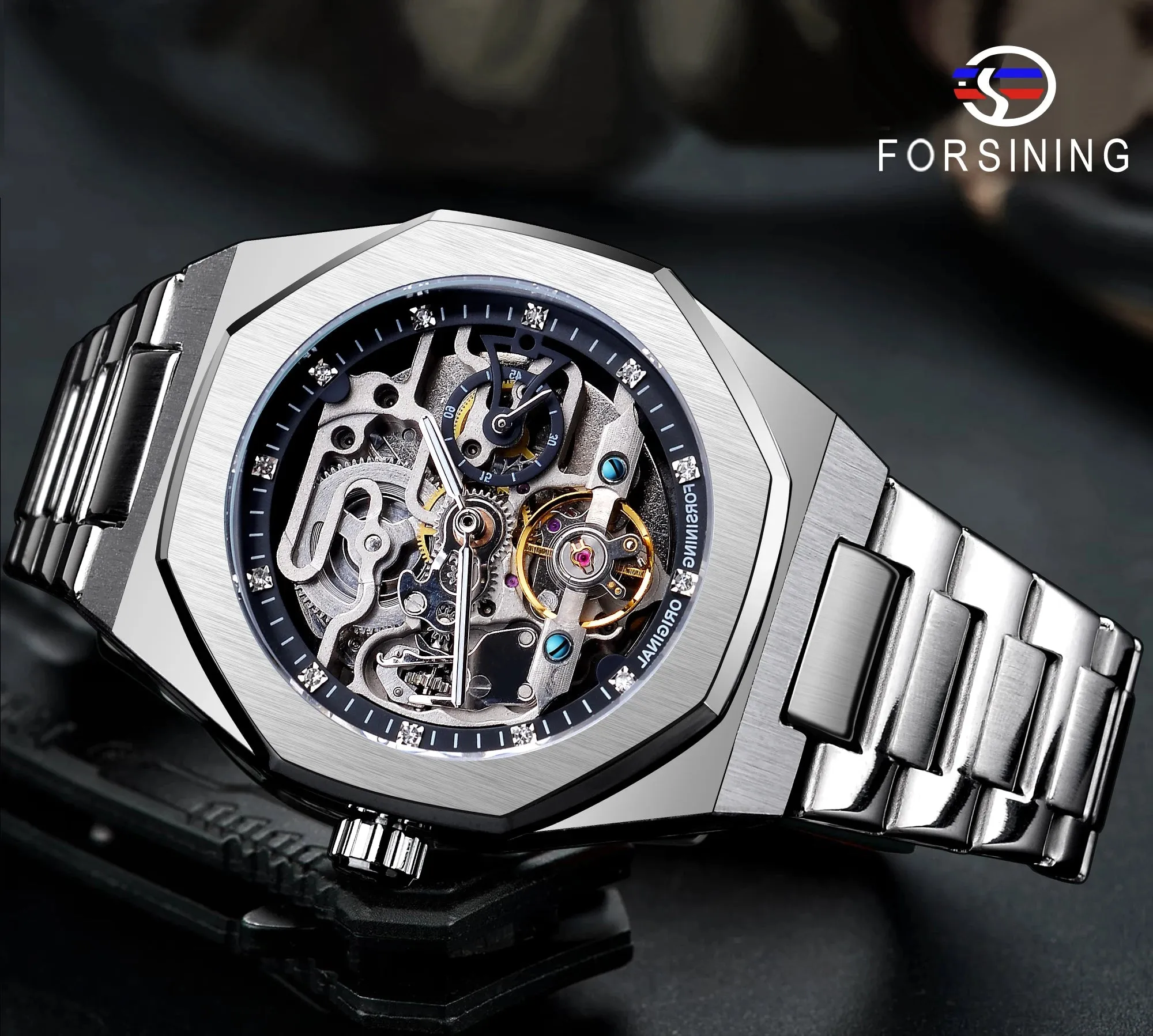 Forsining relógio automático casual 3d diamante esqueleto oco relógios de pul