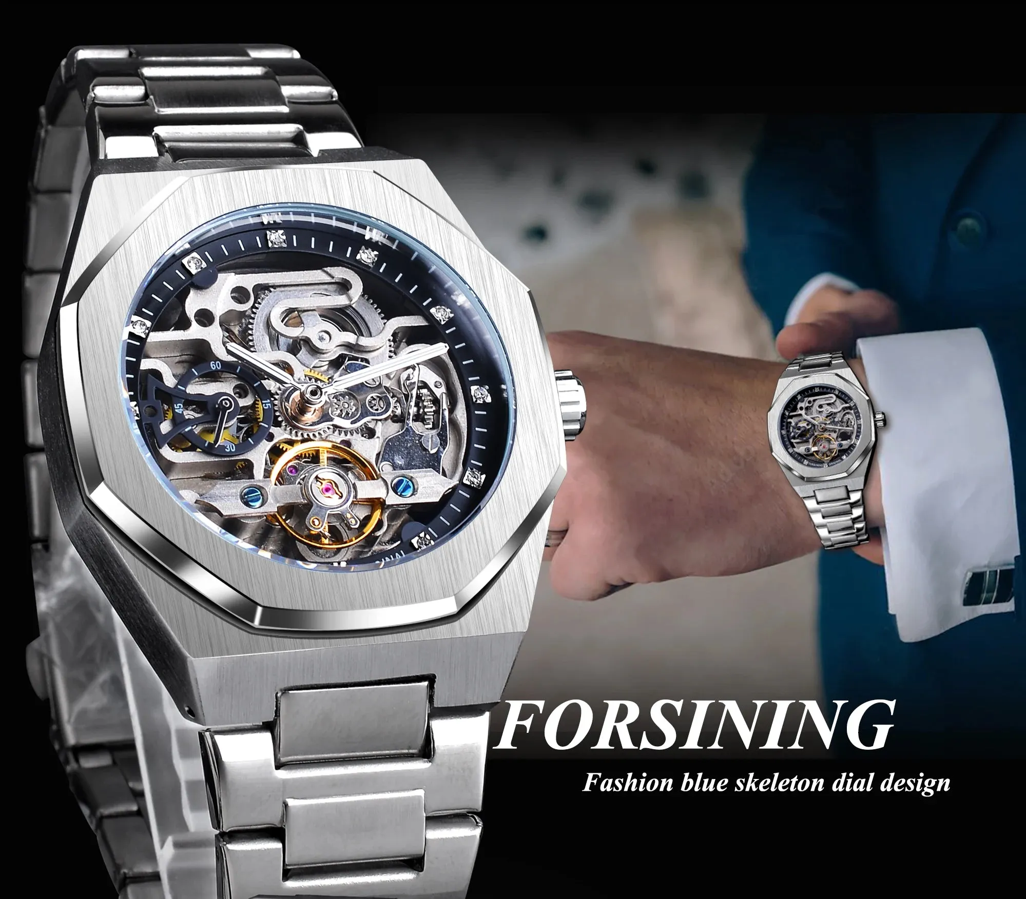 Forsining relógio automático casual 3d diamante esqueleto oco relógios de pul