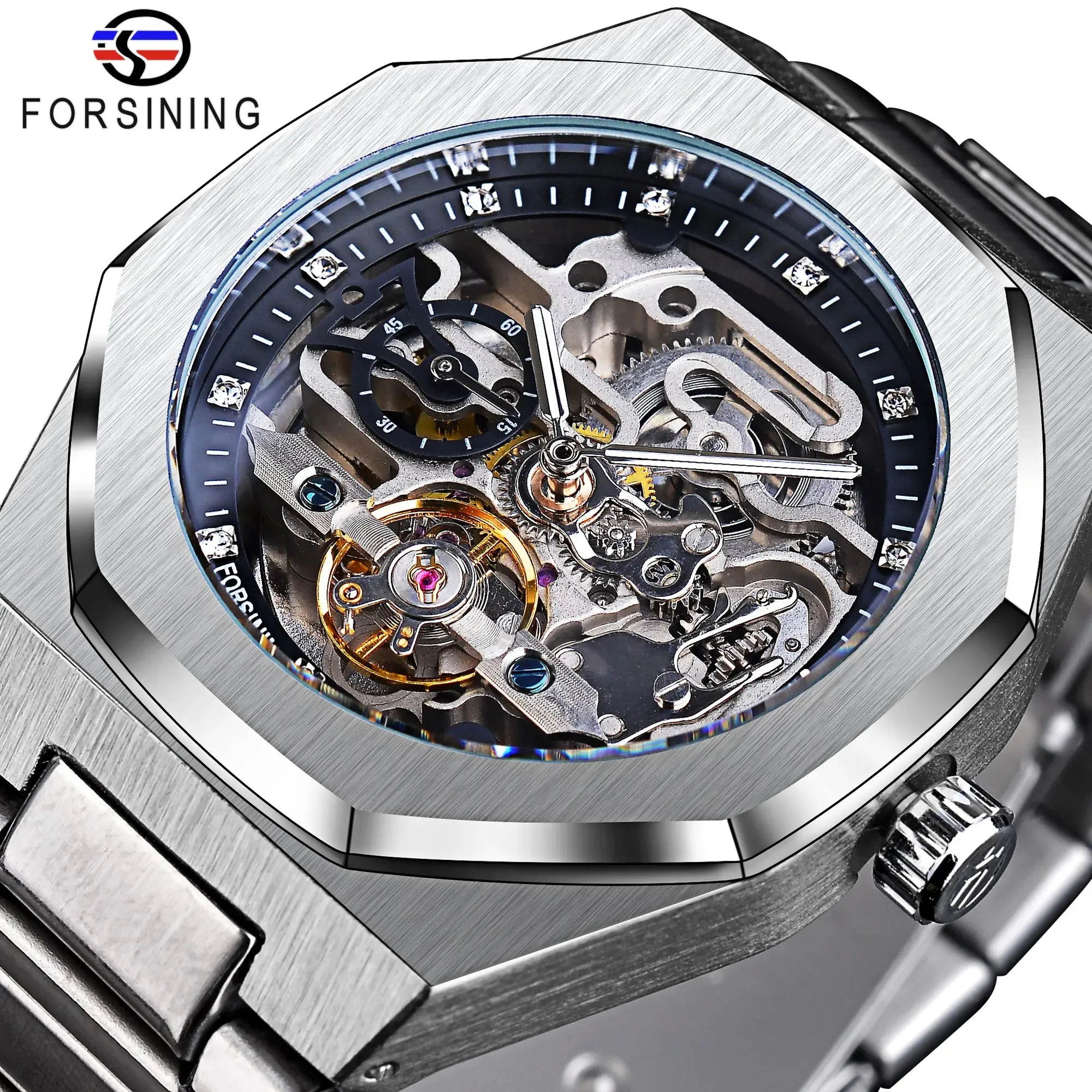 Forsining relógio automático casual 3d diamante esqueleto oco relógios de pul