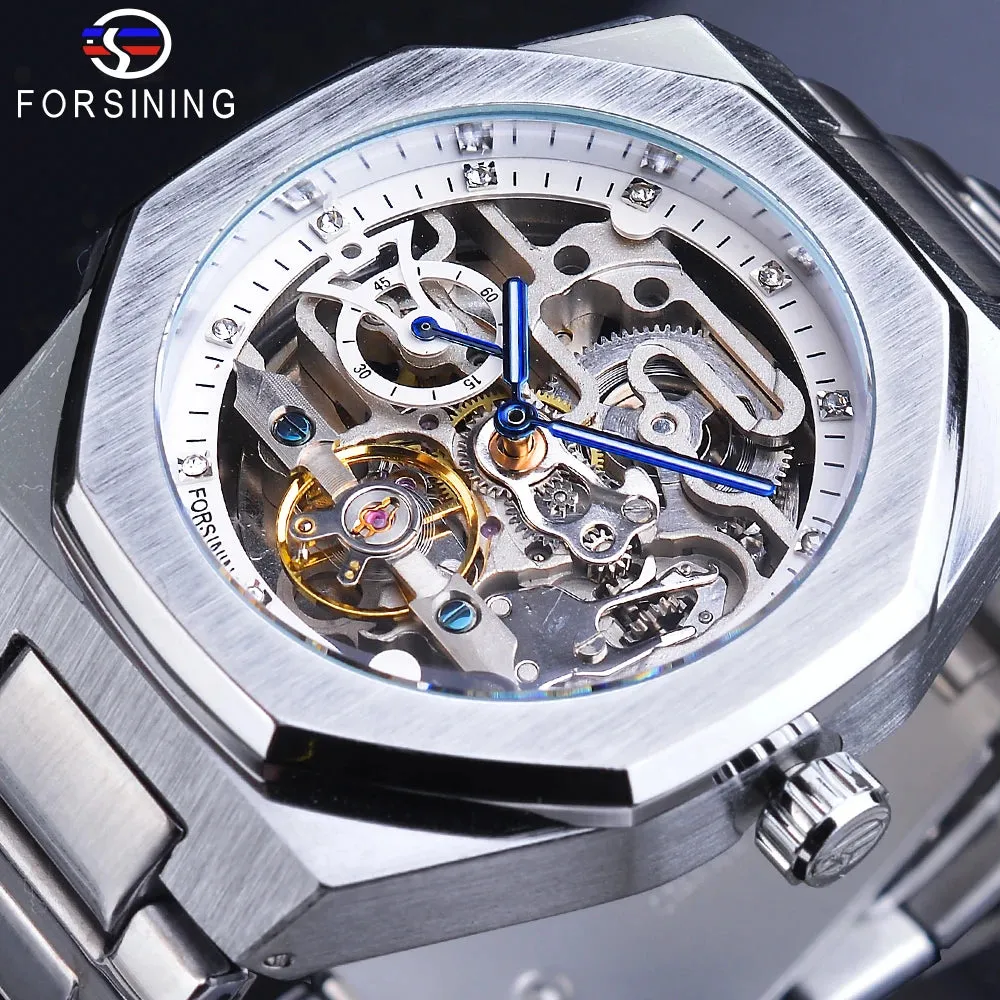 Forsining relógio automático casual 3d diamante esqueleto oco relógios de pul