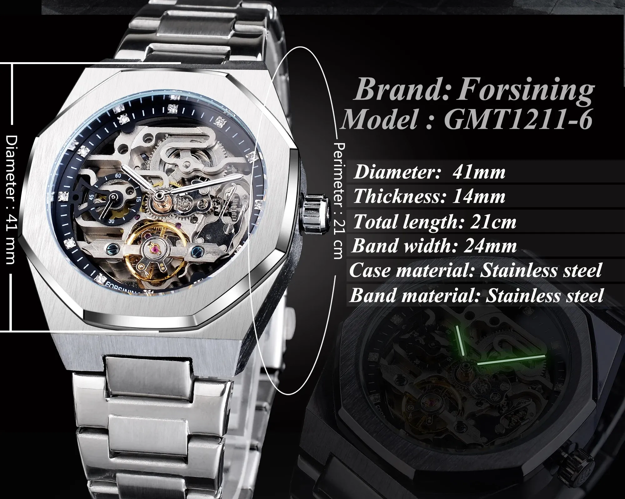 Forsining relógio automático casual 3d diamante esqueleto oco relógios de pul