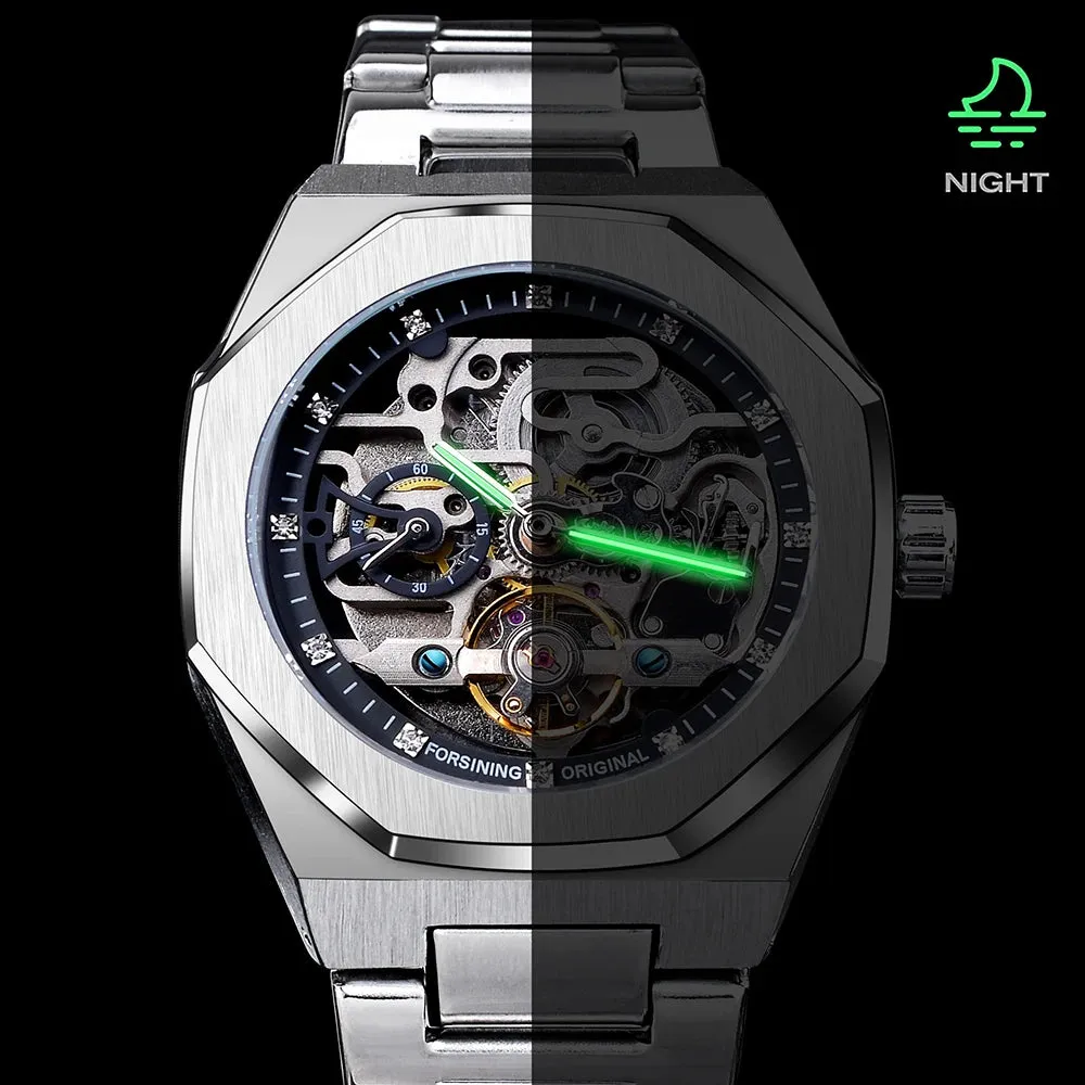 Forsining relógio automático casual 3d diamante esqueleto oco relógios de pul