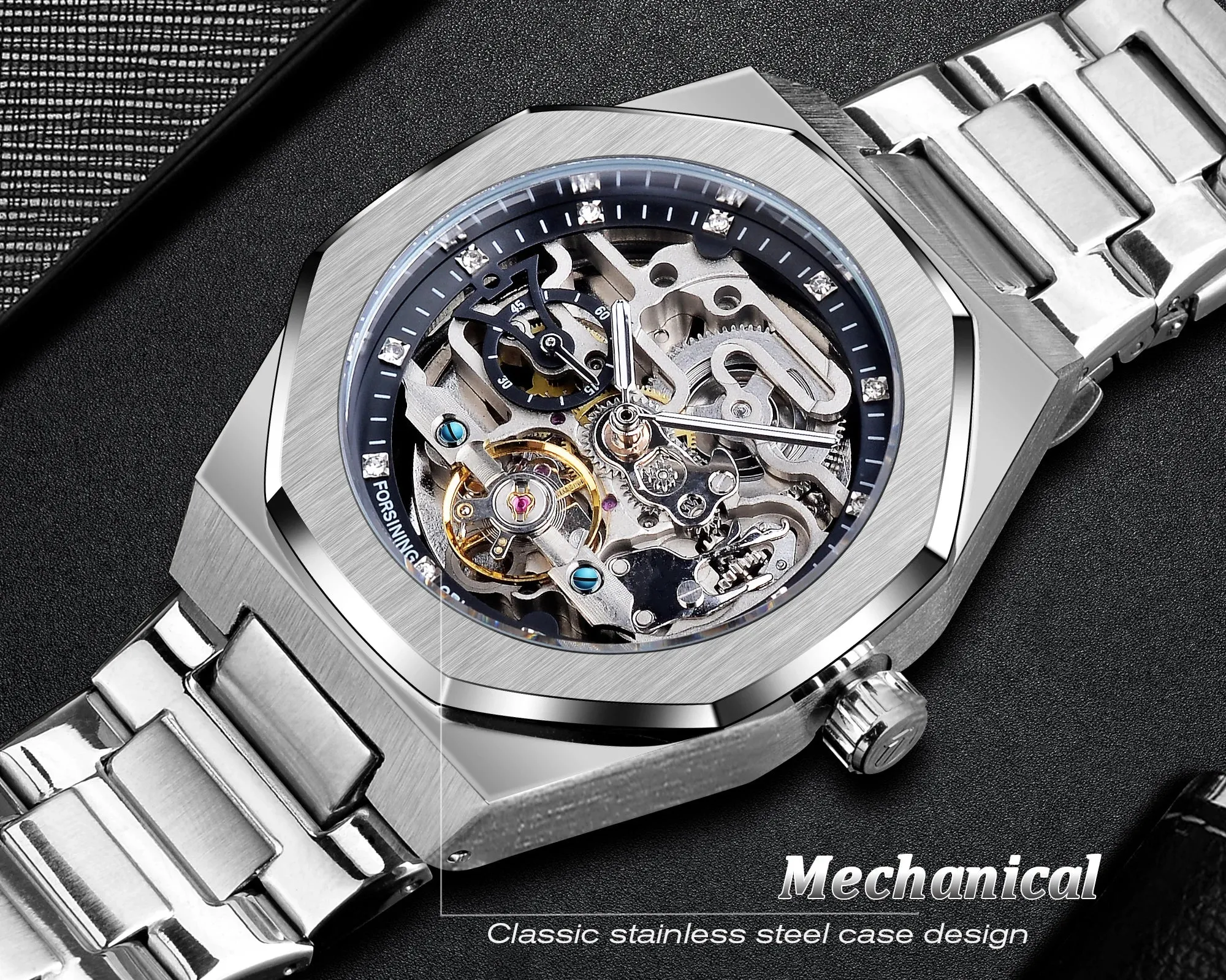 Forsining relógio automático casual 3d diamante esqueleto oco relógios de pul