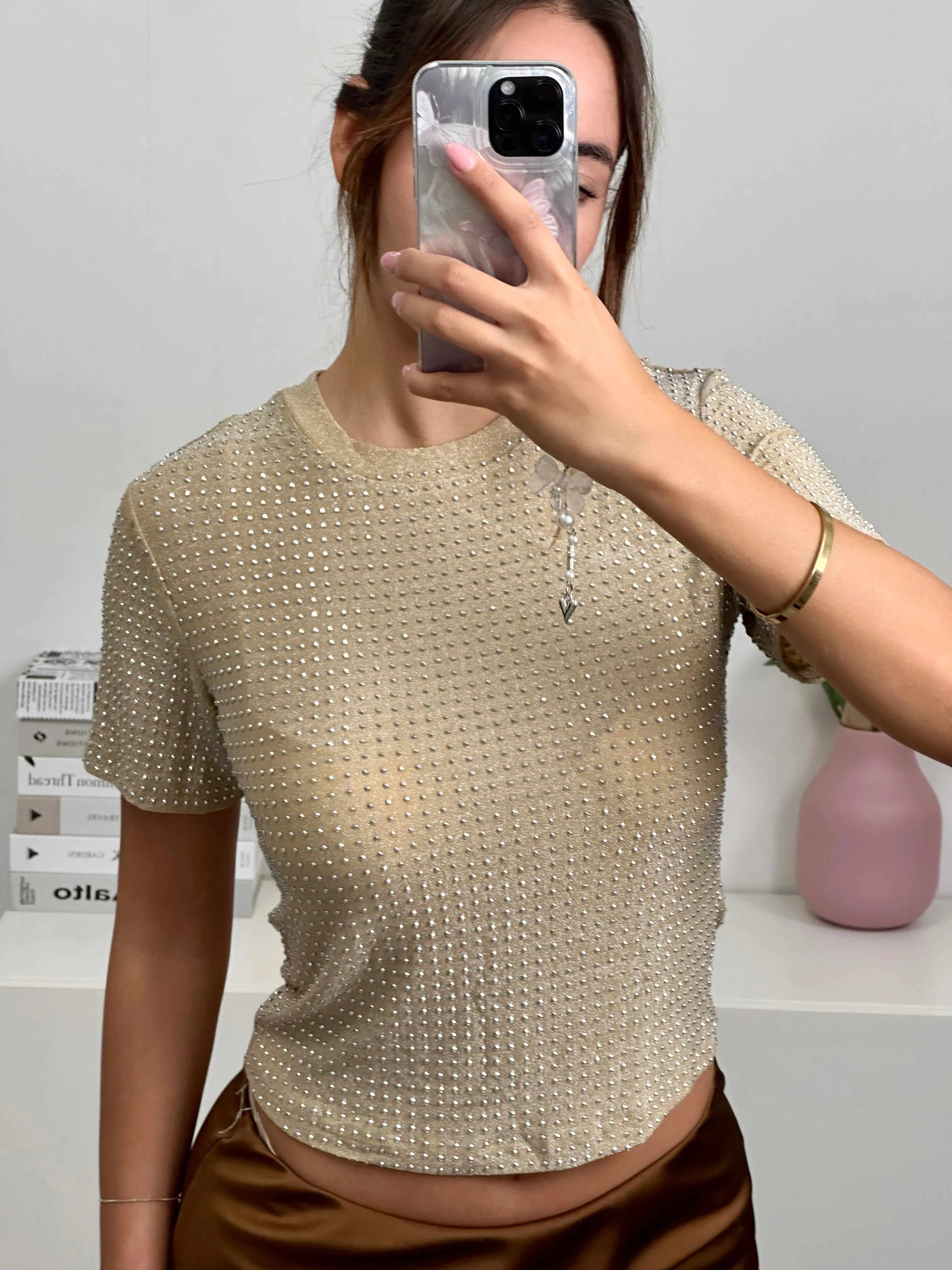 Maglia mezza manica con strass oro