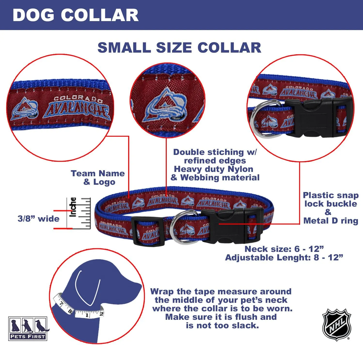 Pets First NHL Colorado Avalanche Collar for Dogs & Cats, Small. - Adjustable, Cute & Stylish! The Ultimate Hockey Fan Collar!