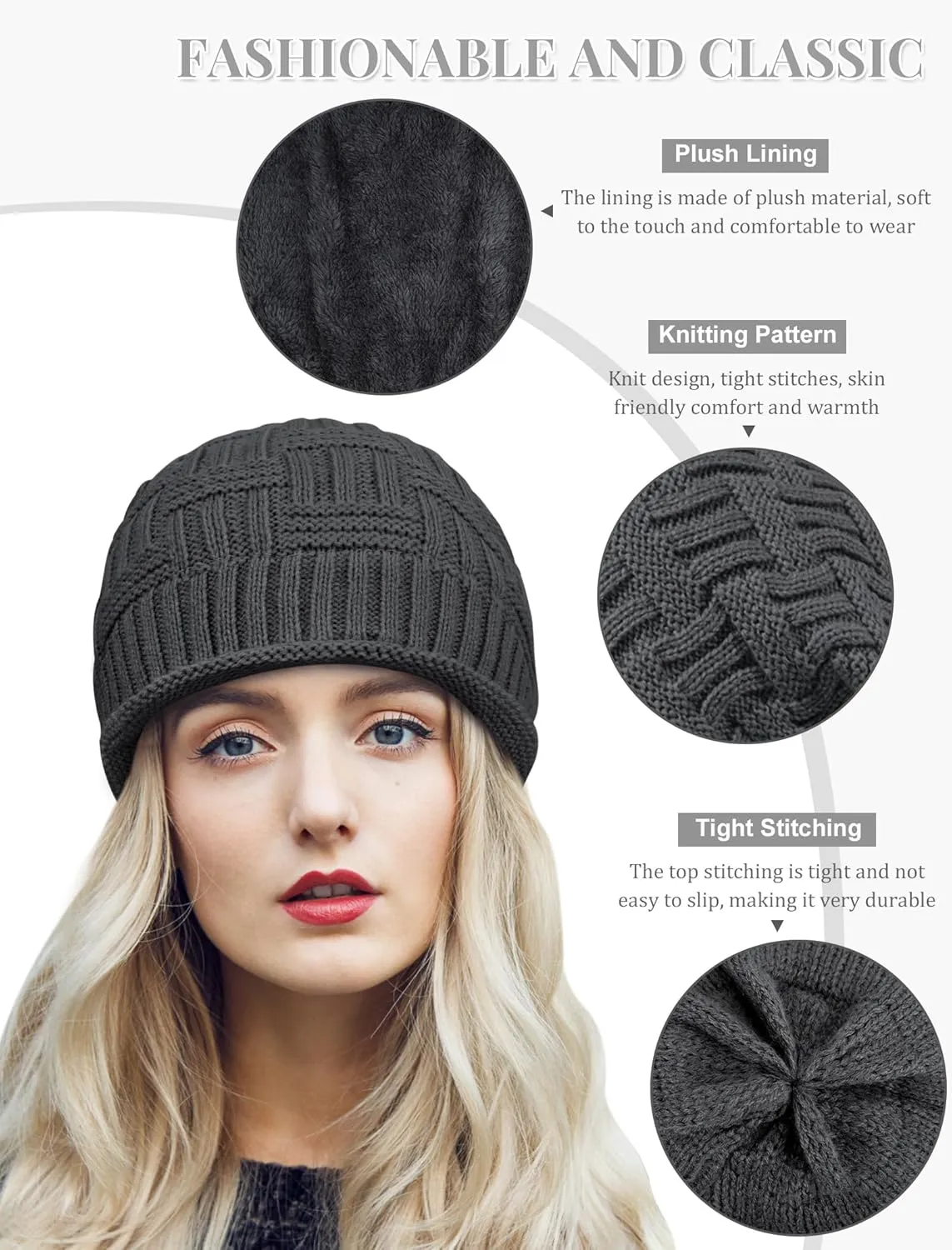 Senker Fashion 2 Pack Winter Slouchy Beanie for Women, Knit Beanies Warm Fleece Lined Chunky Oversized Skull Cap Gifts