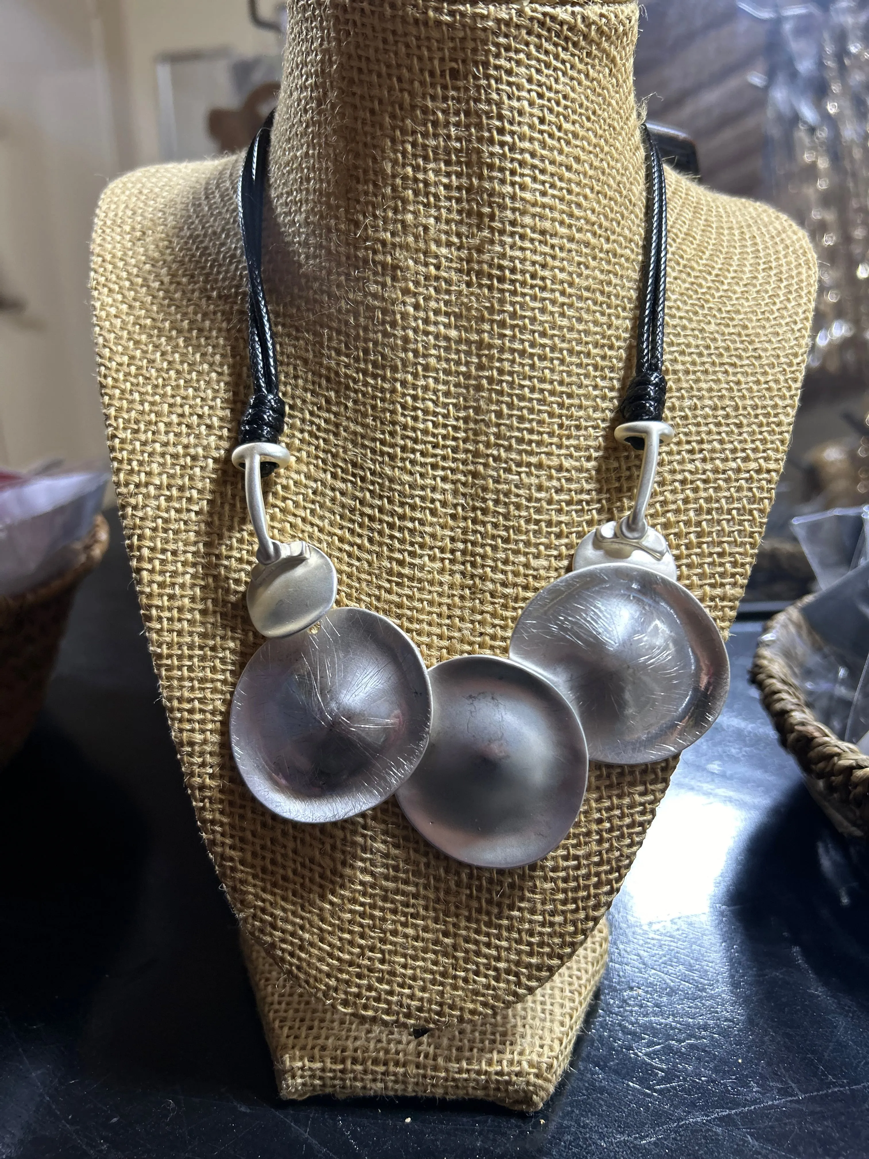Silvertone Disc Rope Statement Necklace