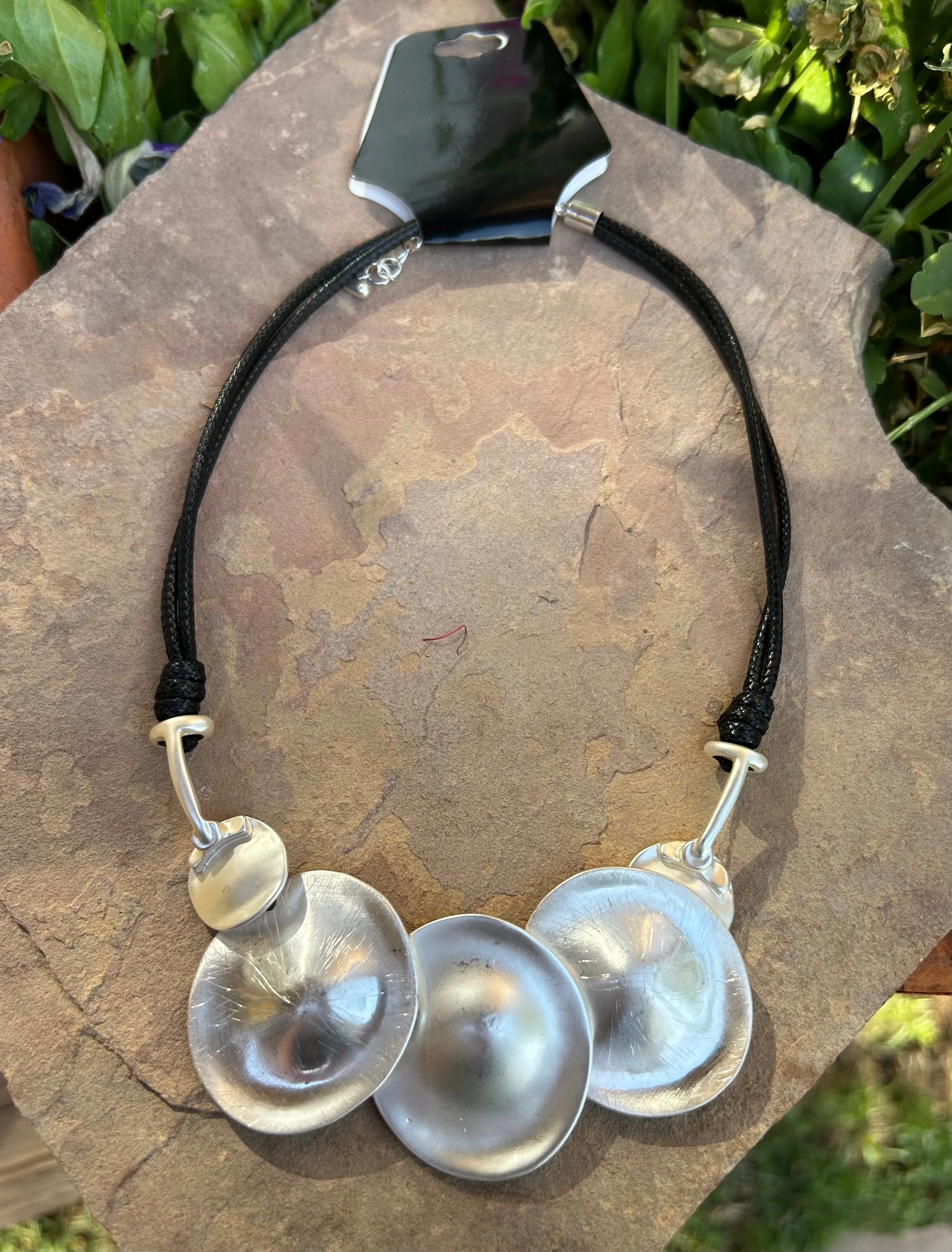 Silvertone Disc Rope Statement Necklace
