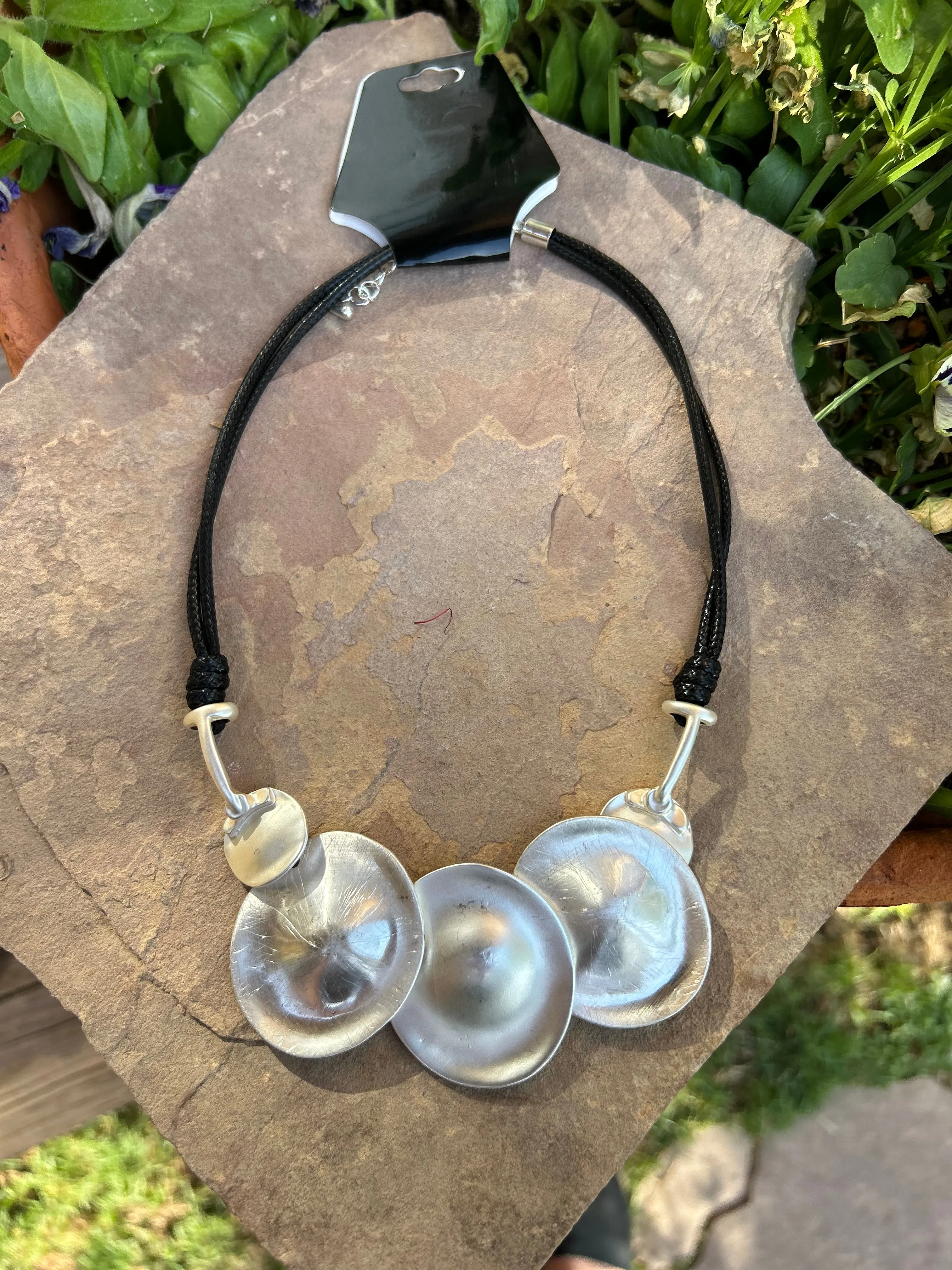 Silvertone Disc Rope Statement Necklace