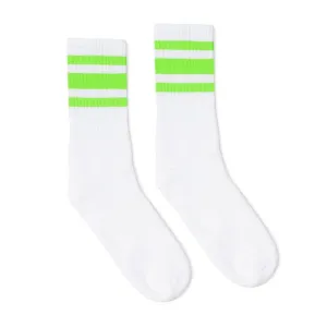 SOCCO Crew Length Socks - WHITE W/ NEON GREEN STRIPES