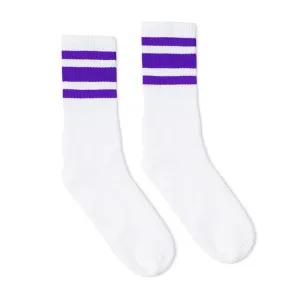 SOCCO Crew Length Socks - WHITE W/ PURPLE STRIPES