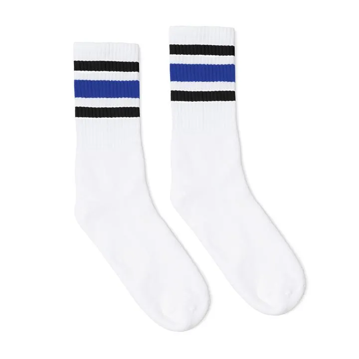 SOCCO Knee High Socks - WHITE W/ BLACK AND ROYAL BLUE STRIPES