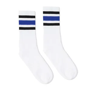 SOCCO Knee High Socks - WHITE W/ BLACK AND ROYAL BLUE STRIPES
