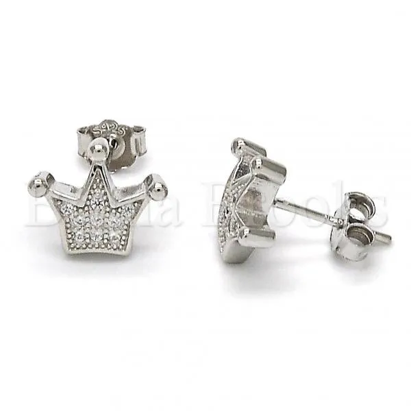Sterling Silver 02.175.0054 Stud Earring, Crown Design, with White Micro Pave, Polished Finish, Rhodium Tone