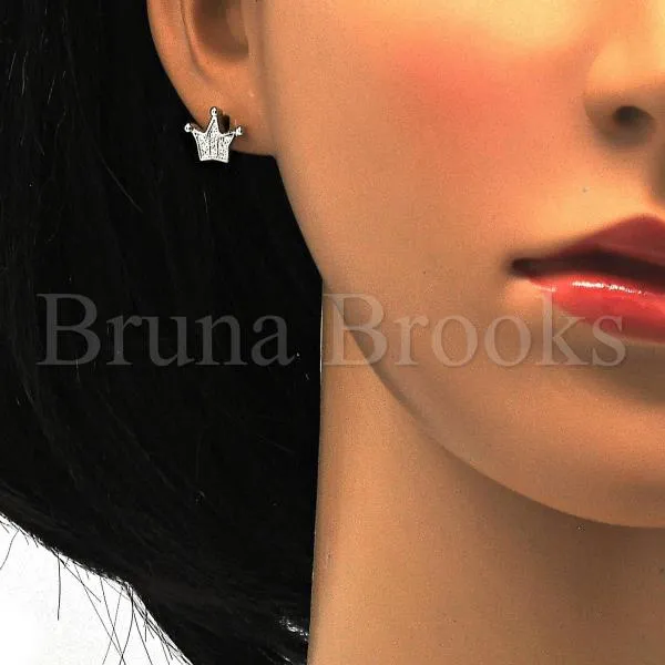 Sterling Silver 02.175.0054 Stud Earring, Crown Design, with White Micro Pave, Polished Finish, Rhodium Tone