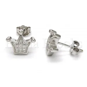 Sterling Silver 02.175.0054 Stud Earring, Crown Design, with White Micro Pave, Polished Finish, Rhodium Tone