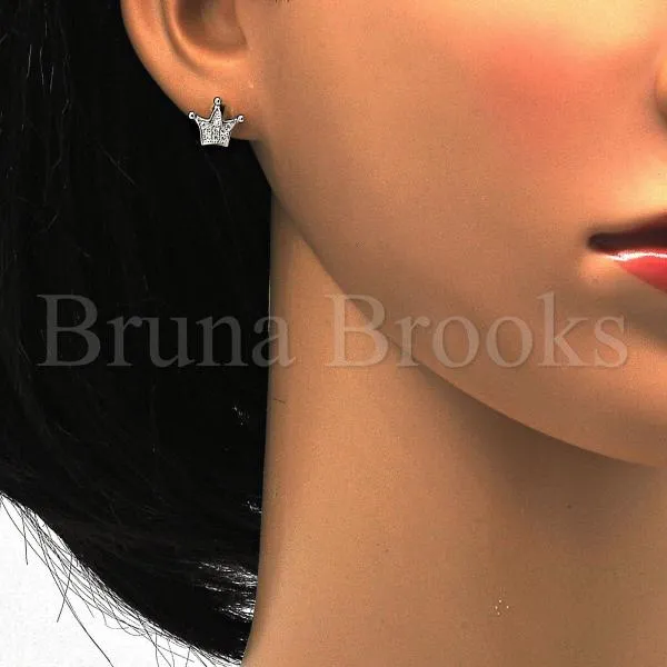 Sterling Silver 02.175.0054 Stud Earring, Crown Design, with White Micro Pave, Polished Finish, Rhodium Tone
