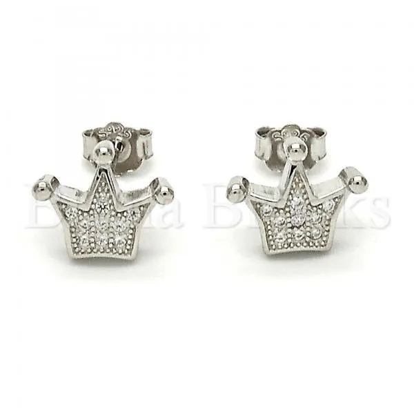 Sterling Silver 02.175.0054 Stud Earring, Crown Design, with White Micro Pave, Polished Finish, Rhodium Tone