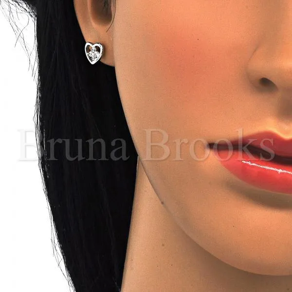 Sterling Silver 02.285.0054 Stud Earring, Heart and Flower Design, with White Cubic Zirconia, Polished Finish,