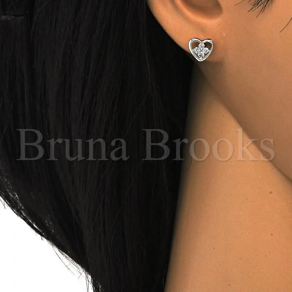 Sterling Silver 02.285.0054 Stud Earring, Heart and Flower Design, with White Cubic Zirconia, Polished Finish,