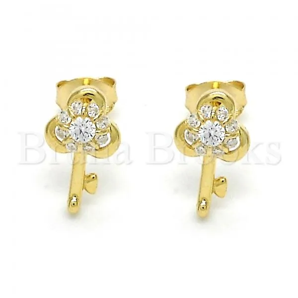 Sterling Silver 02.285.0062 Stud Earring, key Design, with White Cubic Zirconia, Polished Finish, Golden Tone