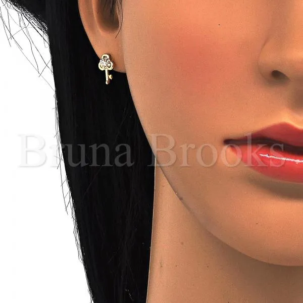Sterling Silver 02.285.0062 Stud Earring, key Design, with White Cubic Zirconia, Polished Finish, Golden Tone
