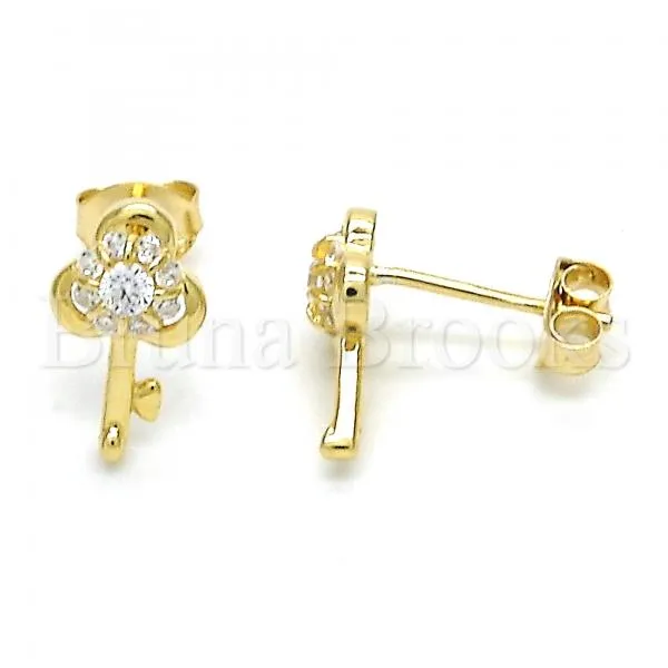 Sterling Silver 02.285.0062 Stud Earring, key Design, with White Cubic Zirconia, Polished Finish, Golden Tone