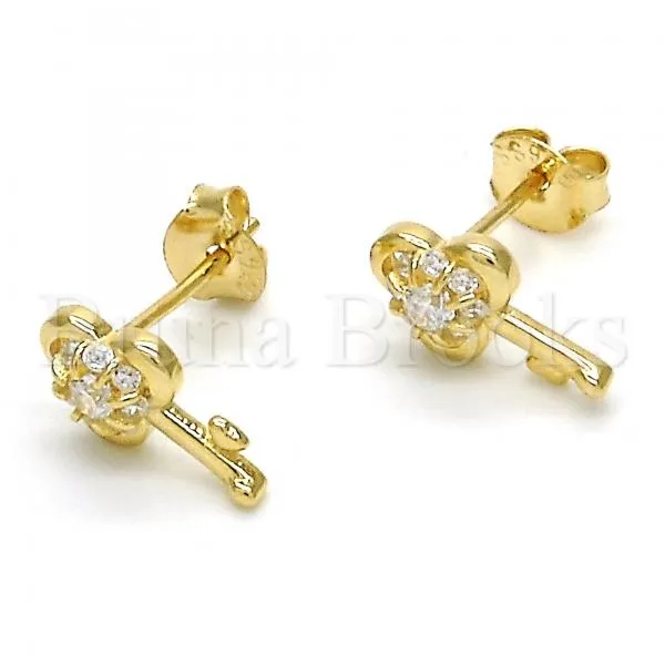 Sterling Silver 02.285.0062 Stud Earring, key Design, with White Cubic Zirconia, Polished Finish, Golden Tone