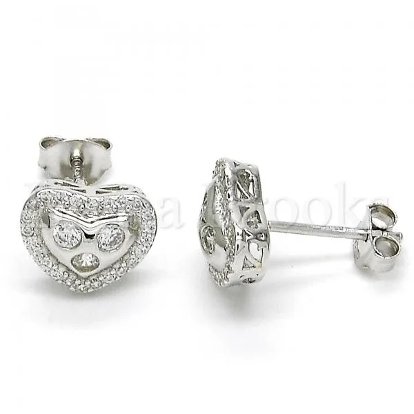 Sterling Silver 02.285.0087 Stud Earring, Heart Design, with White Cubic Zirconia, Polished Finish, Rhodium Tone