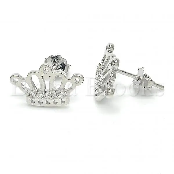 Sterling Silver 02.336.0002 Stud Earring, Crown Design, with White Cubic Zirconia, Polished Finish, Rhodium Tone
