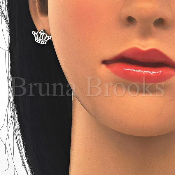 Sterling Silver 02.336.0002 Stud Earring, Crown Design, with White Cubic Zirconia, Polished Finish, Rhodium Tone